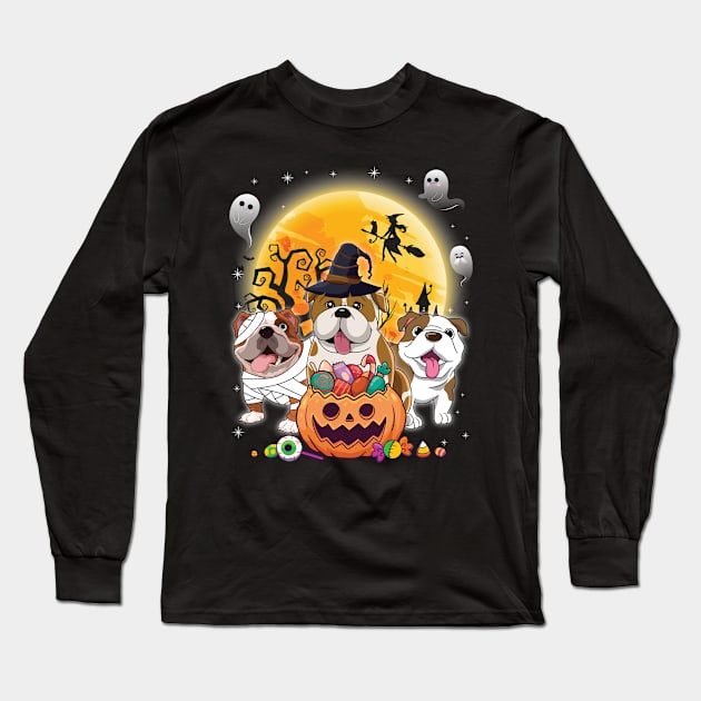 English Bulldog Dog Mummy Witch Moon Ghosts Happy Halloween Thanksgiving Merry Christmas Day Long Sleeve T-Shirt by joandraelliot